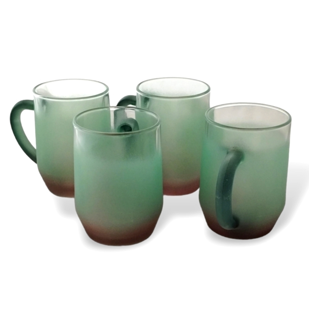 1980s Frosted Glass Coffee Mugs Pink Green Gradient – Set of 2